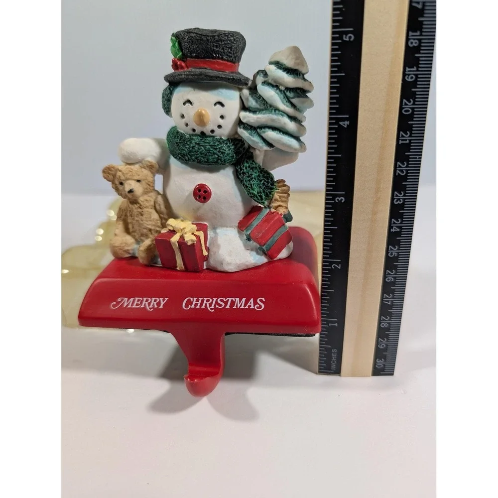 Santas Workbench Snowman Teddy Bear Hand Painted Resin Christmas Stocking Holder